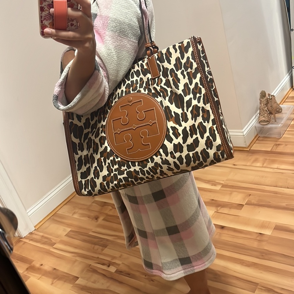 Tory Burch Leopard Print Canvas Tote with Brown Leather Trim - Picture 6 of 9